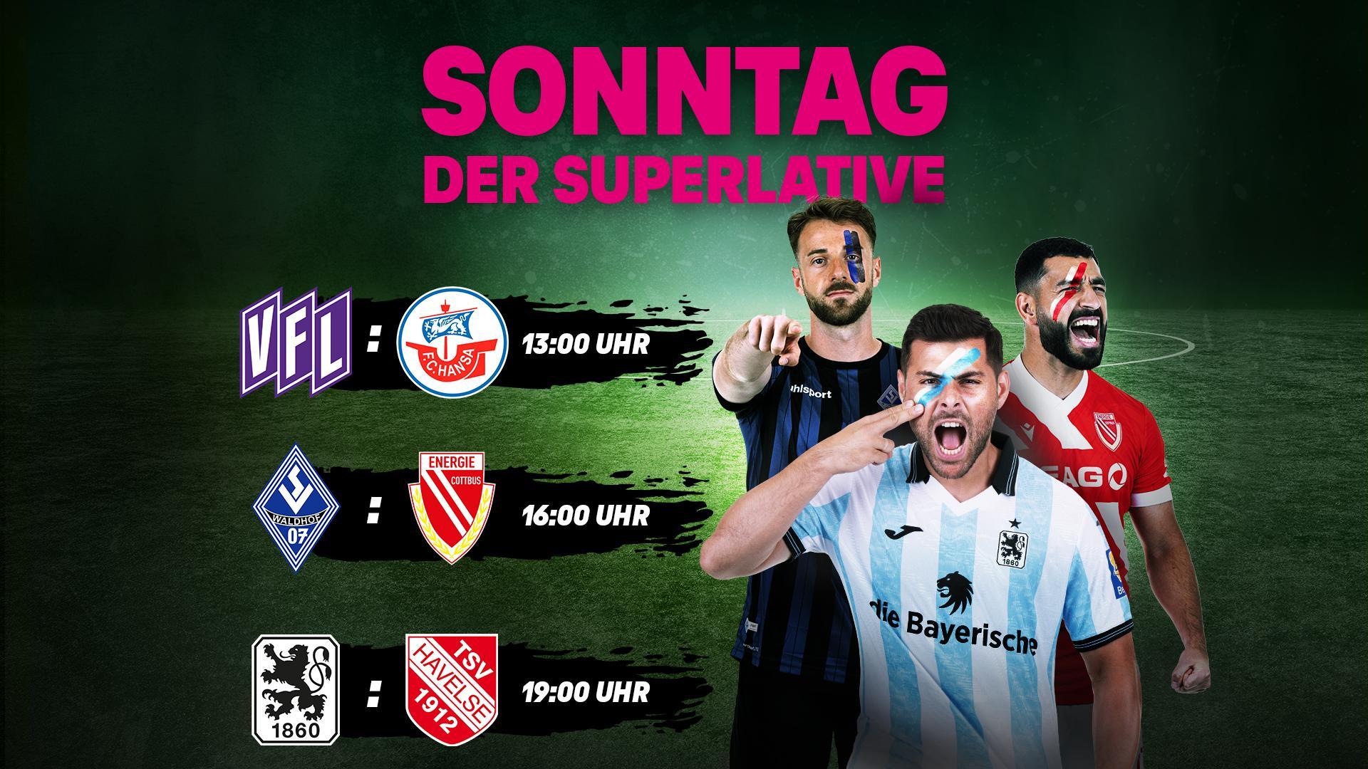 Werbegrafik 3. Liga Sonntag der Superlative mit den Begegnungen und drei Spielern